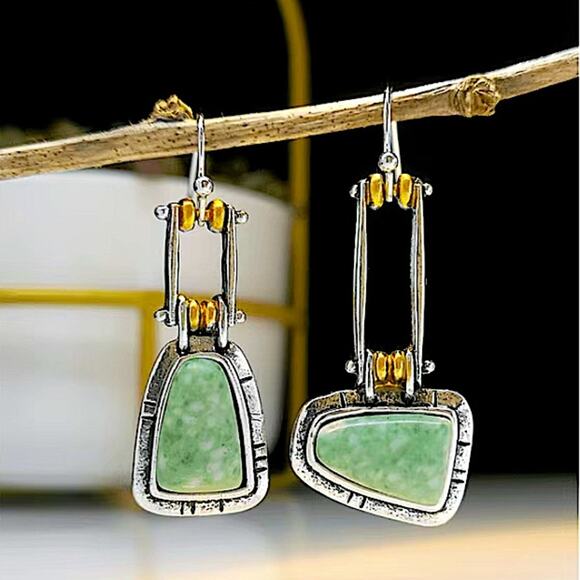 Vintage Silver Turquoise Asymmetrical Geometric Bohemian Boho Earrings - Picture 4 of 7